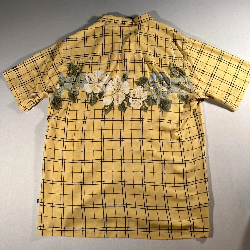 Y2K‎ Ocean Pacific Hawaiian Shirt Mens Large Yellow Rayon Floral Plaid Surf Camp